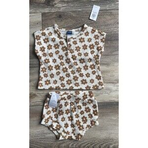 Old Navy Cream Ribbed Short Sleeve Floral Print 2 Piece Set 0-3 Months